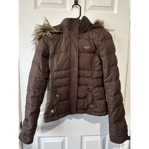 Hollister Y2K 2000s Down Puffer Fur Hooded Coat Women's Small Brown